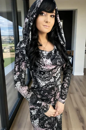 Long sleeve hooded cowl neck maxi dress.