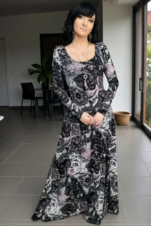 Long sleeve hooded cowl neck maxi dress.