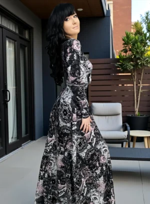 Long sleeve hooded cowl neck maxi dress.