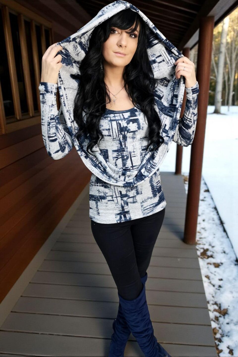 Oversized hooded cowl neck top.