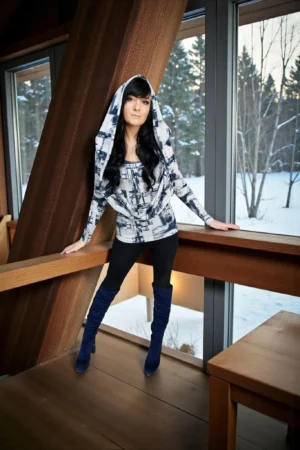 Oversized hooded cowl neck top.