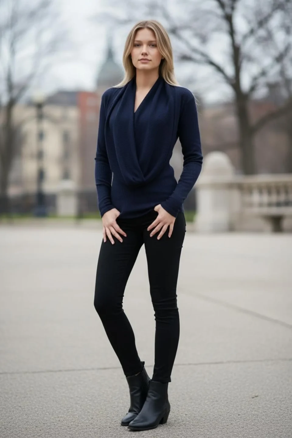 Navy Blue Cowl Neck Ribbed Sweater