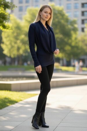 Navy blue cowl neck ribbed sweater with a built-in insert.