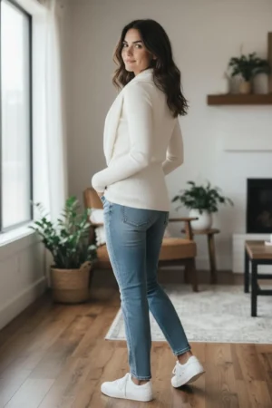 Vanilla ivory cowl neck ribbed sweater with a built-in insert.