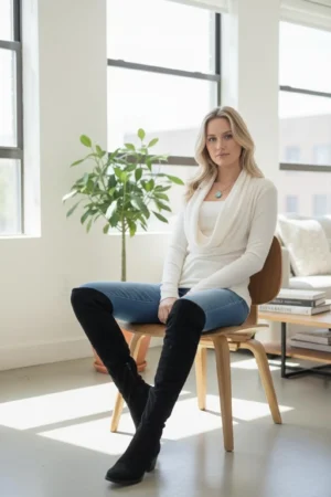 Vanilla ivory cowl neck ribbed sweater with a built-in insert.