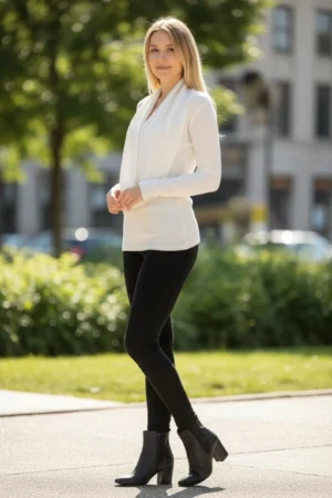 Vanilla ivory cowl neck ribbed sweater with a built-in insert.
