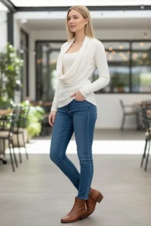Vanilla ivory cowl neck ribbed sweater with a built-in insert.