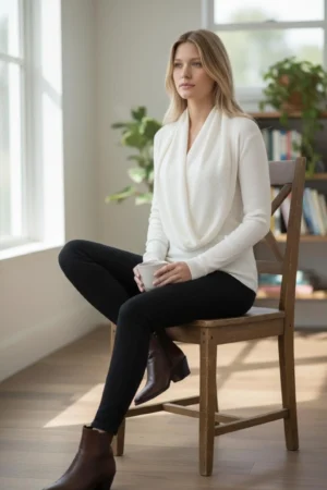 Vanilla ivory cowl neck ribbed sweater with a built-in insert.