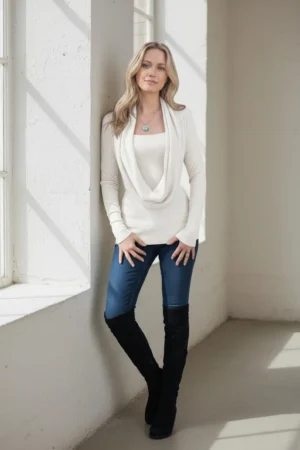 Vanilla ivory cowl neck ribbed sweater with a built-in insert.