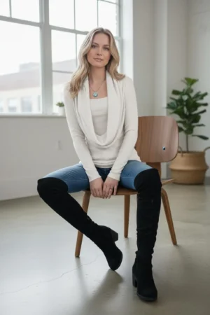 Vanilla ivory cowl neck ribbed sweater with a built-in insert.