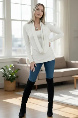 Vanilla ivory cowl neck ribbed sweater with a built-in insert.