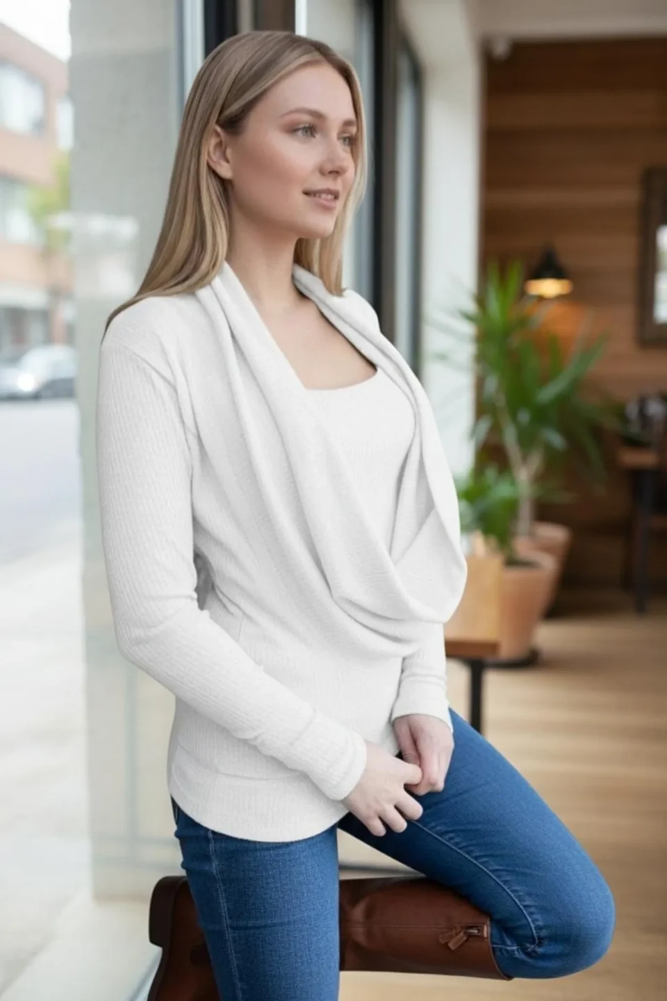 Vanilla Ivory Cowl Neck Ribbed Sweater
