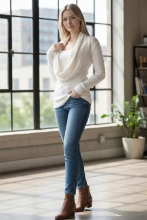 Vanilla ivory cowl neck ribbed sweater with a built-in insert.