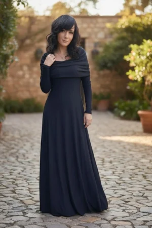 Long-sleeve hooded cowl neck navy bamboo maxi dress.