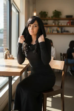 Long-sleeve hooded cowl neck fitted black bamboo maxi dress.