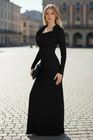 Long-sleeve hooded cowl neck fitted black bamboo maxi dress.