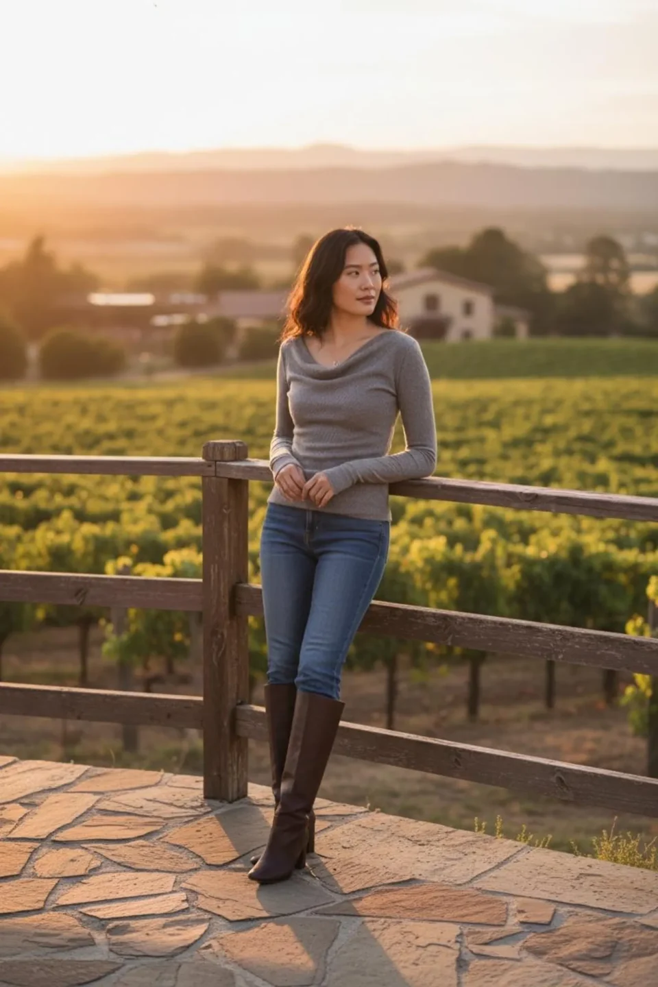 Gray ribbed cowl neck long-sleeve top.