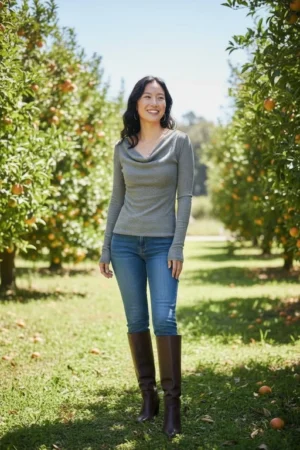 Gray ribbed cowl neck long-sleeve top.