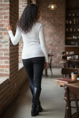 White ribbed cowl neck long-sleeve top.