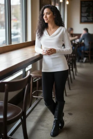 White ribbed cowl neck long-sleeve top.
