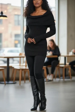 Hooded cowl neck ribbed black tunic top with finger cutouts.