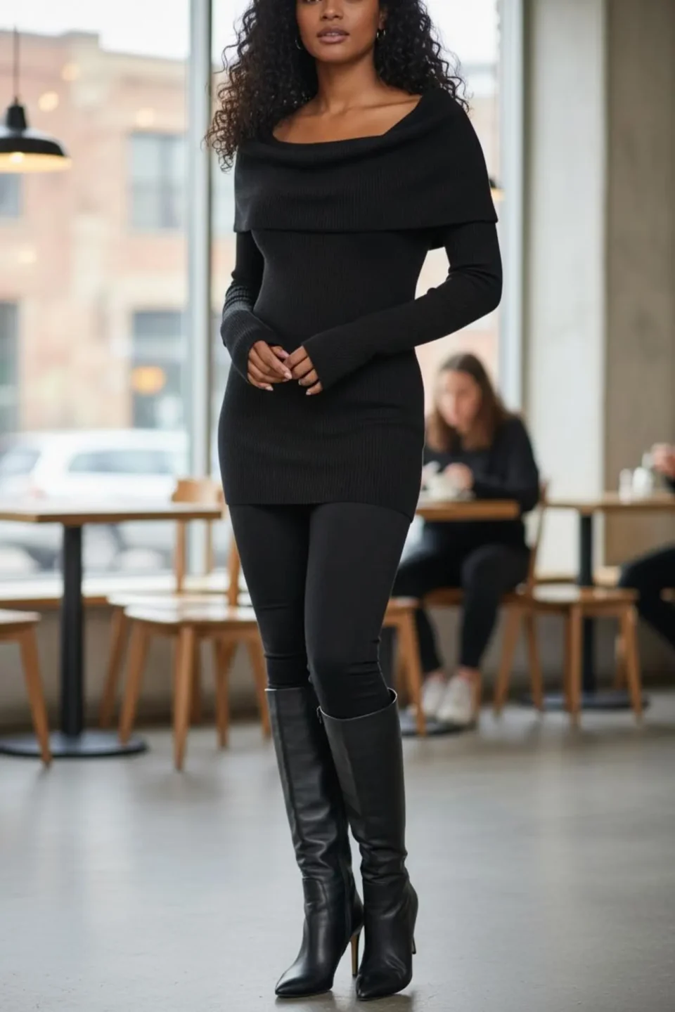 Hooded cowl neck ribbed black tunic top with finger cutouts.