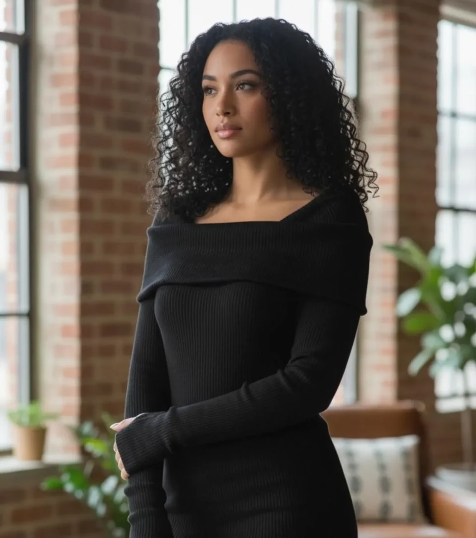 Hooded Cowl Neck Ribbed Black Tunic Top