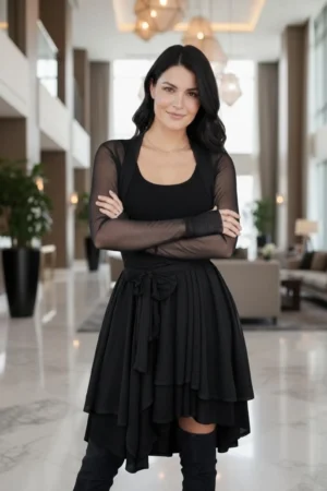 Beautiful double-layered sleeveless tissue hem black short dress.