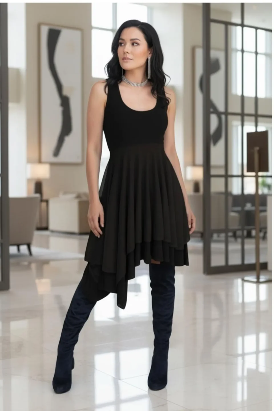 Beautiful double-layered sleeveless tissue hem black short dress.
