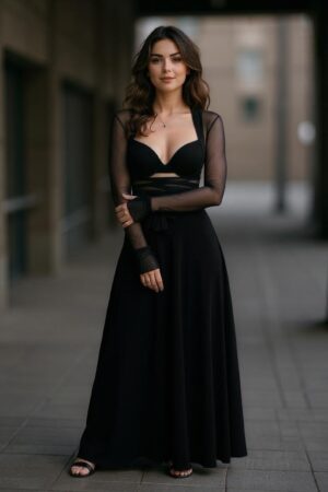 Solid black mesh crop jacket long waist sash.