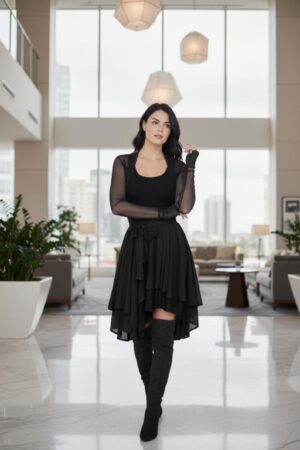 Solid black mesh crop jacket long waist sash.