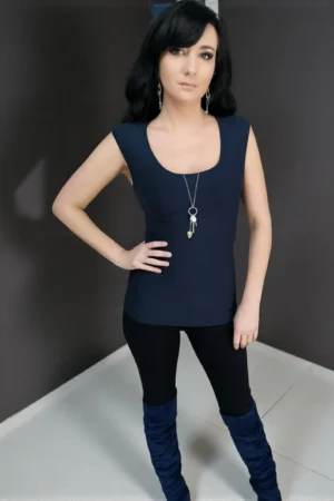 Navy blue bamboo fitted cap sleeve round-neck top.