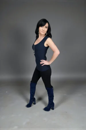 Navy blue bamboo fitted cap sleeve round-neck top.