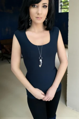 Navy blue bamboo fitted cap sleeve round-neck top.