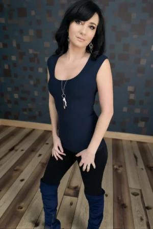 Navy blue bamboo fitted cap sleeve round-neck top.