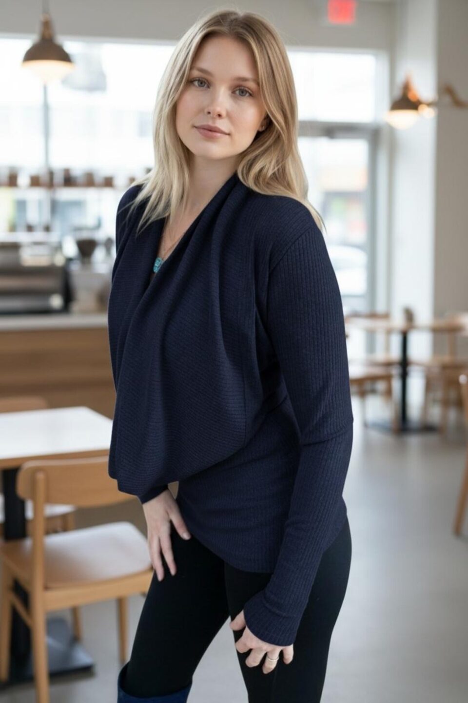 Navy blue cowl neck ribbed sweater with a built-in insert.