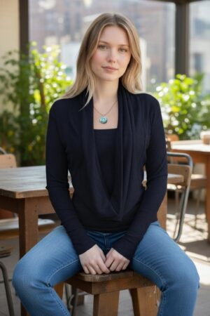 Navy blue cowl neck ribbed sweater with a built-in insert.