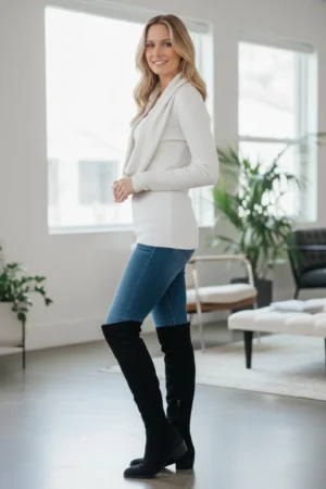 Vanilla ivory cowl neck ribbed sweater with a built-in insert.