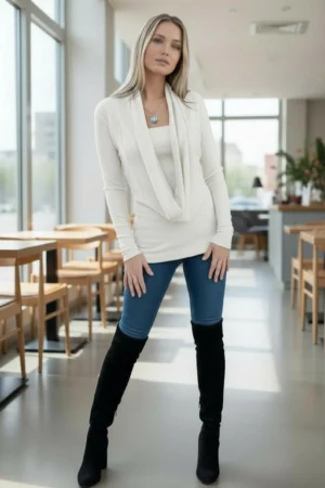 Vanilla ivory cowl neck ribbed sweater with a built-in insert.