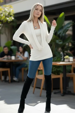 Vanilla ivory cowl neck ribbed sweater with a built-in insert.