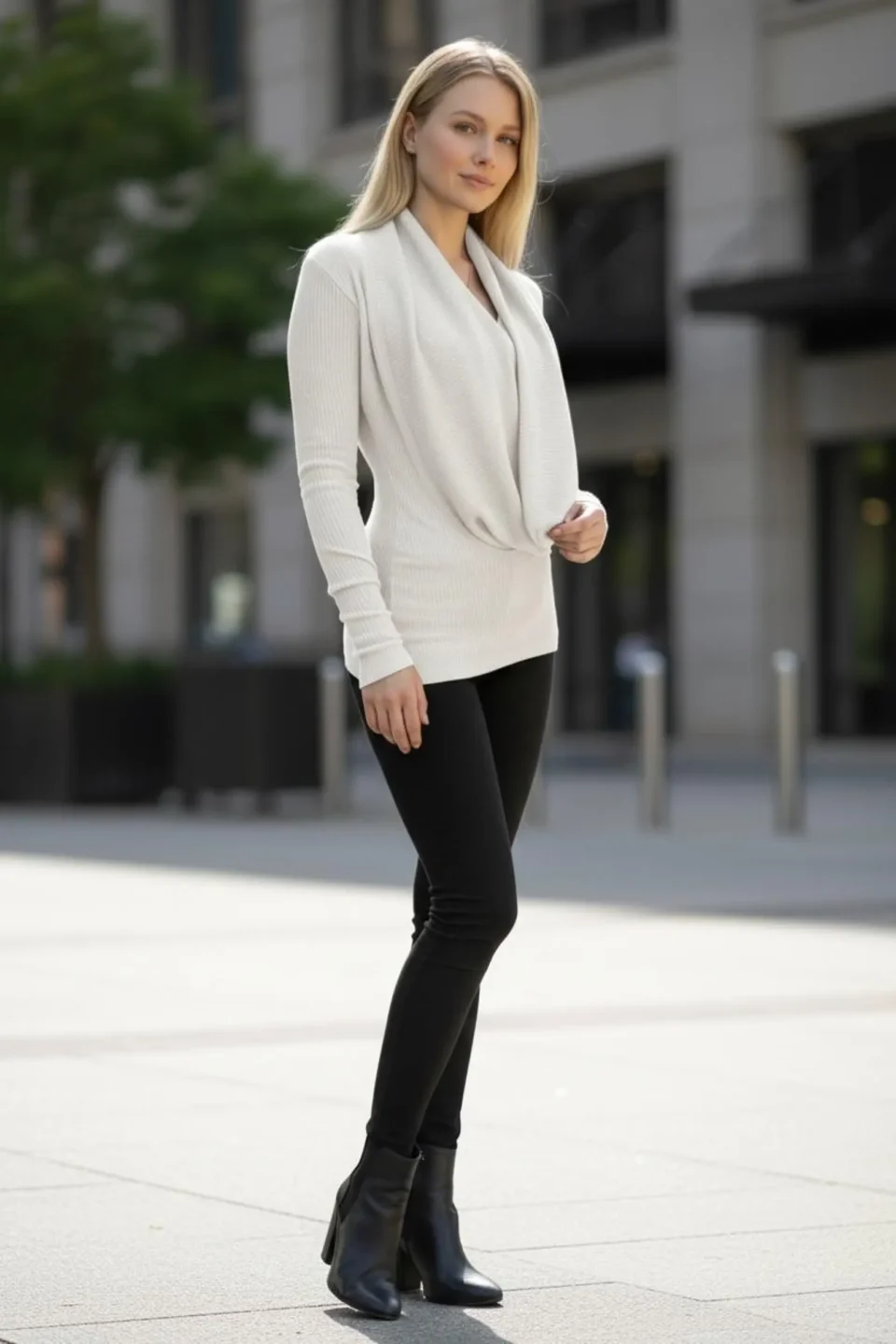 Vanilla ivory cowl neck ribbed sweater with a built-in insert.