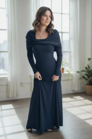 Long-sleeve hooded cowl neck navy bamboo maxi dress.
