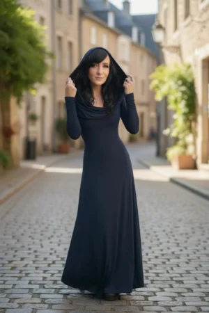 Long-sleeve hooded cowl neck navy bamboo maxi dress.