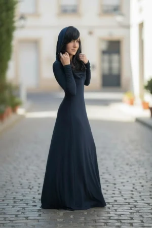 Long-sleeve hooded cowl neck navy bamboo maxi dress.