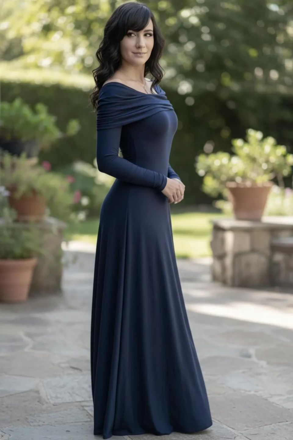Long-sleeve hooded cowl neck navy bamboo maxi dress.