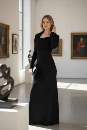 Long-sleeve hooded cowl neck fitted black bamboo maxi dress.