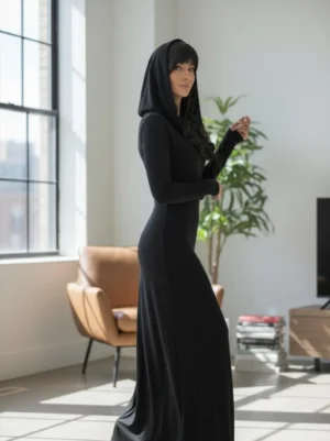 Long-sleeve hooded cowl neck fitted black bamboo maxi dress.