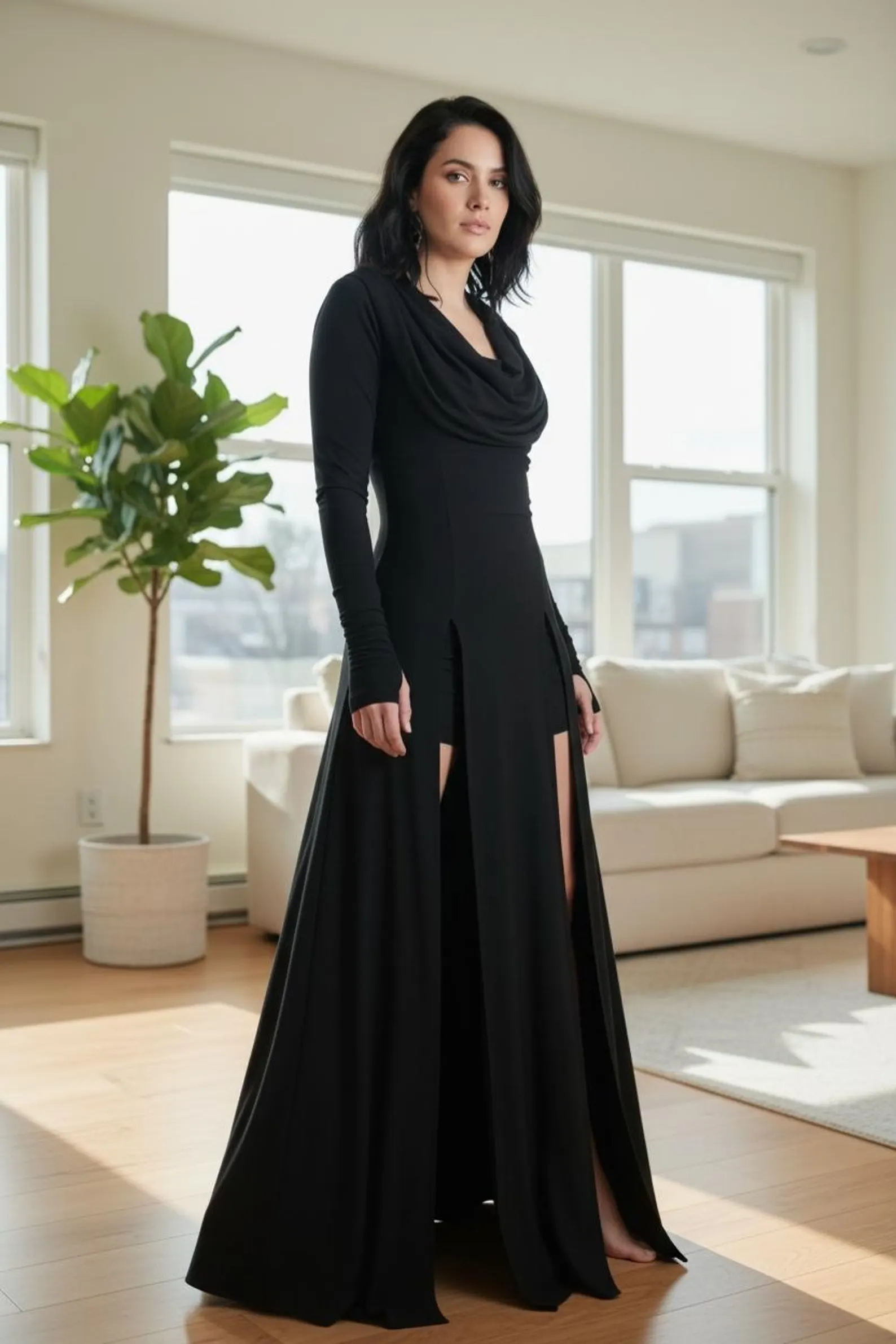 Bamboo double-slitted maxi dress with shorts that go underneath.