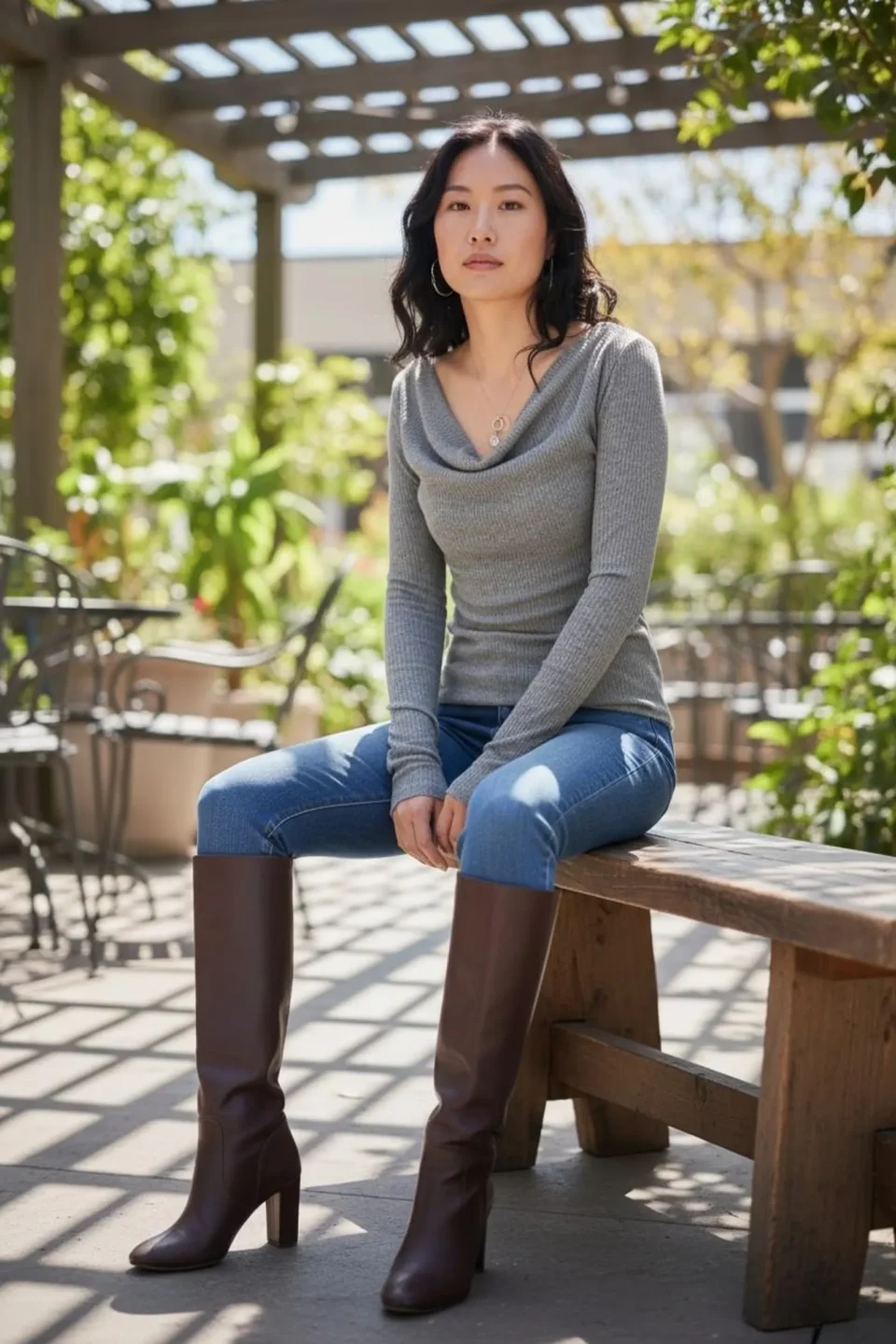 Gray Ribbed Cowl Neck Long-Sleeve Top