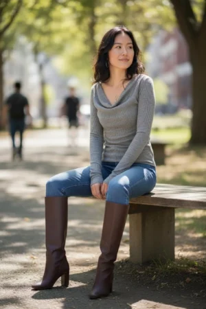 Gray ribbed cowl neck long-sleeve top.